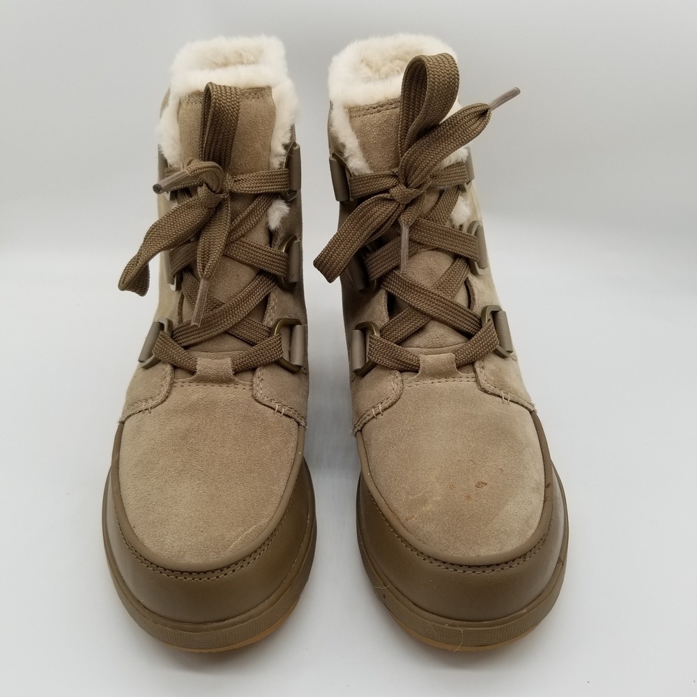 SOREL Lennox STLT Lace Boots Women 8 Khaki Waterproof Faux Fur Suede NL3425-297 - Picture 2 of 7